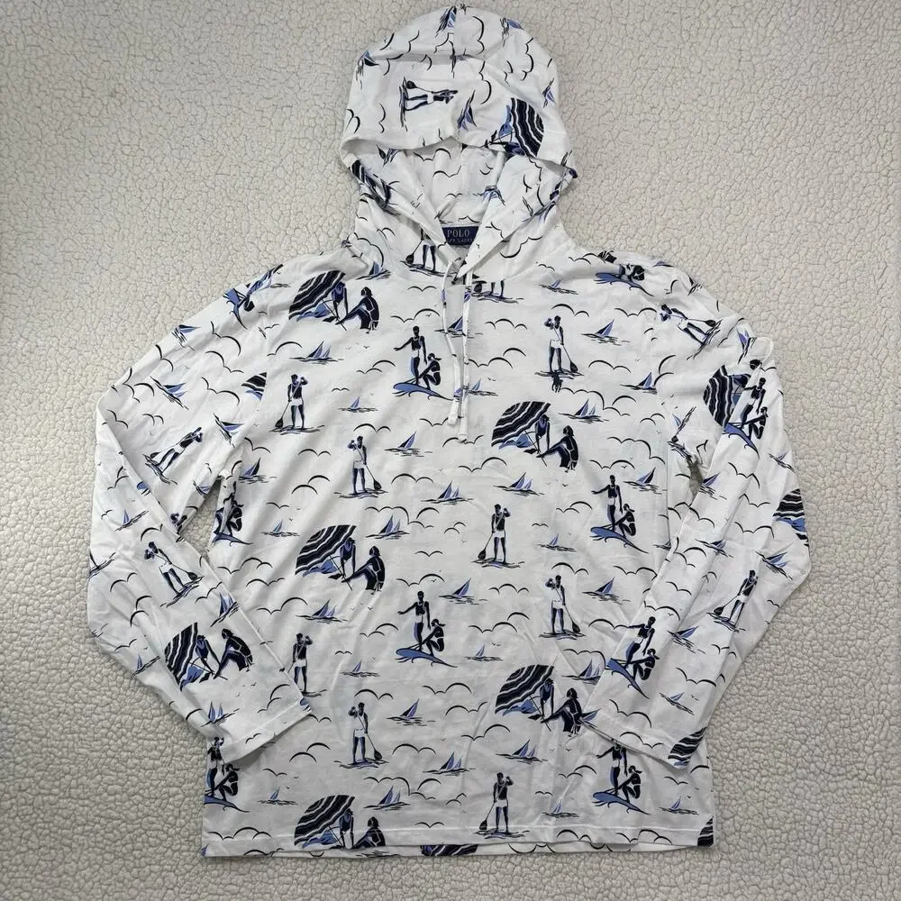 POLO Ralph Lauren Men's L Tropical Print Jersey Hooded T-Shirt Cotton‎ Beach AOP